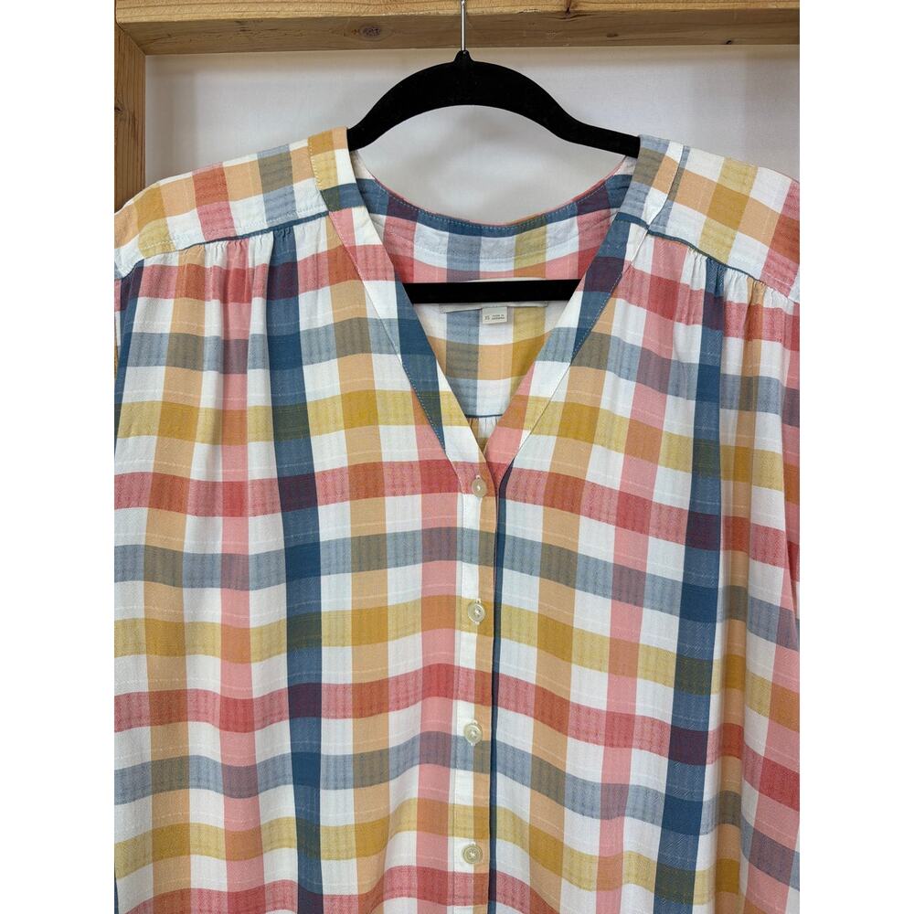Loft Multicolored Gingham Button Up High Low Hem Rolled Cuff Short Sleeve Top XS - Picture 2 of 6